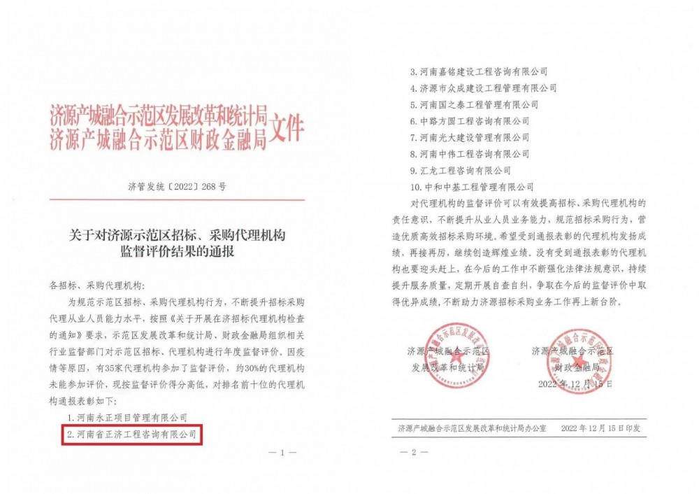 關(guān)于對(duì)濟(jì)源示范區(qū)招標(biāo)、采購(gòu)代理機(jī)構(gòu)監(jiān)督評(píng)價(jià)結(jié)果的通報(bào)